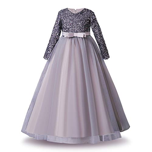 IMEKIS Mädchen Pailletten Brautjungfernkleid Langarm Prinzessin Geburtstag Festlich Partykleid Bowknot Tüll Tutu Maxi Lang Abendkleid Ballkleid Grau 6-7 Jahre von IMEKIS