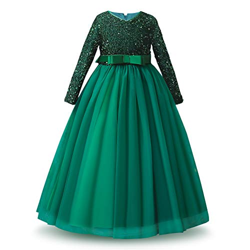 IMEKIS Mädchen Pailletten Brautjungfernkleid Langarm Prinzessin Geburtstag Festlich Partykleid Bowknot Tüll Tutu Maxi Lang Abendkleid Ballkleid Grün 11-12 Jahre von IMEKIS