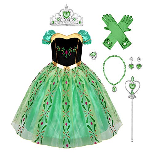 IMEKIS Mädchen Prinzessin Anna Kleid Schneekönigin Krönung Kostüm Halloween Weihnachten Karneval Cosplay Ankleiden Blumenstickerei Geburtstag Tutu mit Zubehör Party Outfit Grün 2-3 Jahre von IMEKIS