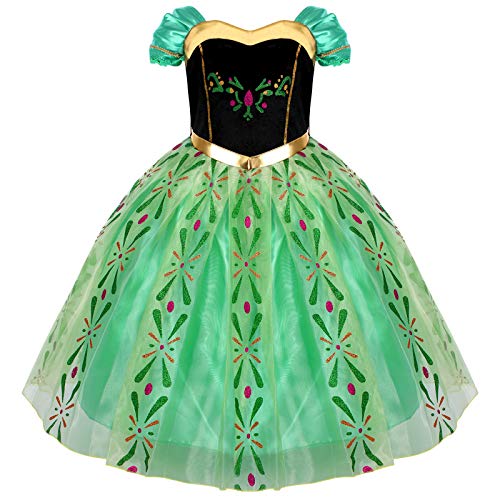 IMEKIS Mädchen Prinzessin Anna Kleid Schneekönigin Krönung Kostüm Halloween Weihnachten Karneval Cosplay Ankleiden Blumenstickerei Geburtstag Tutu mit Zubehör Party Outfit Grün 5-6 Jahre von IMEKIS