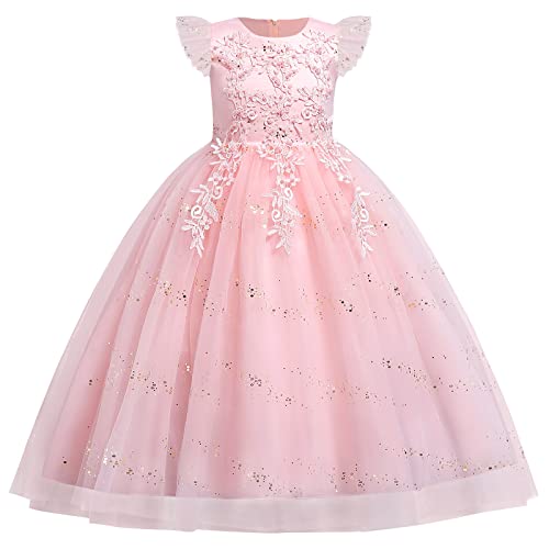 IMEKIS Mädchen Prinzessin Kleid Blumen Applikationen Hochzeits Festkleid A-Linie Pailletten Festlich Tüll Tutu Geburtstag Festzug Lang Abschlussball Ballkleid Rosa 11-12 Jahre von IMEKIS