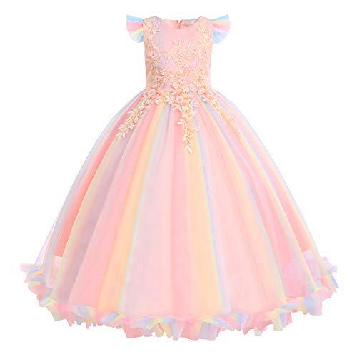 IMEKIS Mädchen Prinzessin Kleid Blumenspitze Brautjungfernkleid Festlich Partykleid Geburtstag Abendkleid Festzug Lang Maxikleid Ärmellos Tüll Tutu Abschlussball Ballkleid Regenbogen 7-8 Jahre von IMEKIS