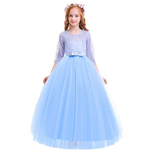 IMEKIS Mädchen Prinzessin Kleid Elegant Blumen Spitze Partykleid Brautjungfer Hochzeitskleid Geburtstag Tüll Maxikleid Festlich Kommunion Abendkleid Cocktailkleid Festzug Ballkleid Blau 3-4 Jahre von IMEKIS