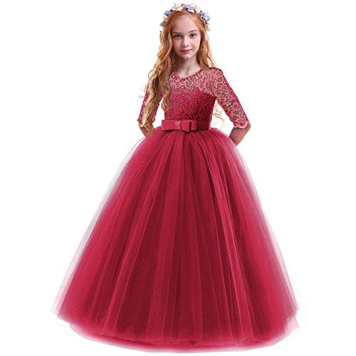 IMEKIS Mädchen Prinzessin Kleid Elegant Blumen Spitze Partykleid Brautjungfer Hochzeitskleid Geburtstag Tüll Maxikleid Festlich Kommunion Abendkleid Cocktailkleid Festzug Ballkleid Burgund 5-6 Jahre von IMEKIS