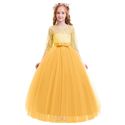 IMEKIS Mädchen Prinzessin Kleid Elegant Blumen Spitze Partykleid Brautjungfer Hochzeitskleid Geburtstag Tüll Maxikleid Festlich Kommunion Abendkleid Cocktailkleid Festzug Ballkleid Gelb 7-8 Jahre von IMEKIS