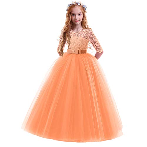 IMEKIS Mädchen Prinzessin Kleid Elegant Blumen Spitze Partykleid Brautjungfer Hochzeitskleid Geburtstag Tüll Maxikleid Festlich Kommunion Abendkleid Cocktailkleid Festzug Ballkleid Orange 13-14 Jahre von IMEKIS