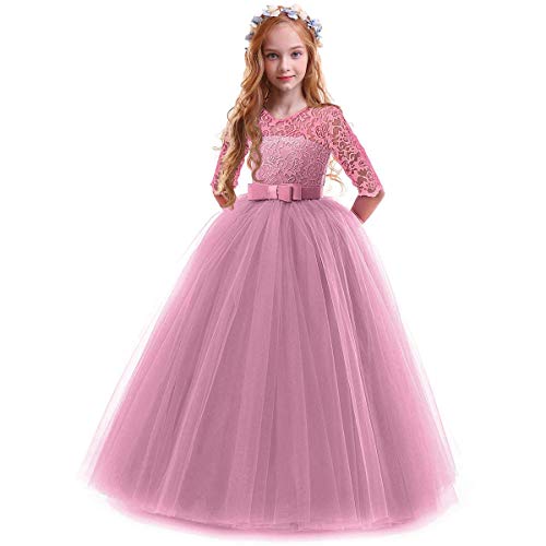 IMEKIS Mädchen Prinzessin Kleid Elegant Blumen Spitze Partykleid Brautjungfer Hochzeitskleid Geburtstag Tüll Maxikleid Festlich Kommunion Abendkleid Cocktailkleid Festzug Ballkleid Rosa 2-3 Jahre von IMEKIS