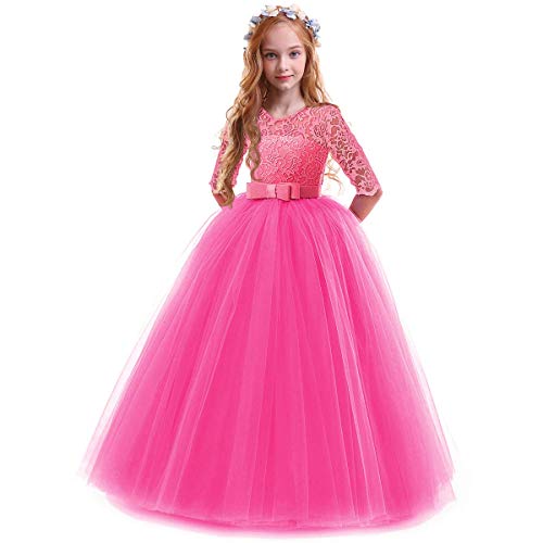 IMEKIS Mädchen Prinzessin Kleid Elegant Blumen Spitze Partykleid Brautjungfer Hochzeitskleid Geburtstag Tüll Maxikleid Festlich Kommunion Abendkleid Cocktailkleid Festzug Ballkleid Rose 13-14 Jahre von IMEKIS