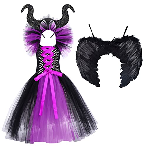 IMEKIS Mädchen Prinzessin Maleficent Kostüm Fancy Böse Königin Verkleiden Handgemachtes Gestricktes Tüllkleid mit Horn und Flügeln Böse Hexe Halloween Karneval Cosplay Party Outfit Lila 6-7 Jahre von IMEKIS
