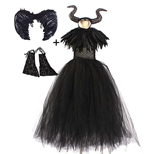 IMEKIS Mädchen Prinzessin Maleficent Kostüm Fancy Halloween Cosplay Böse Königin Ankleiden Ärmellos Böse Hexenkleid mit Horn Cape Federflügel Karneval Geburtstag Party Outfit Schwarz 8-10 Jahre von IMEKIS