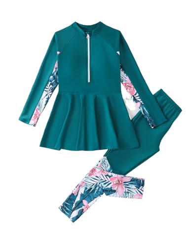 IMEKIS Muslimische Bademode Mädchen ​Islamische Burkini Langarm Rashguard Badetop mit Badehose Zweiteilig Tankinis Badeanzug Kind Bescheidene Schwimmanzug Dunkelgrün 9-10 Jahre von IMEKIS