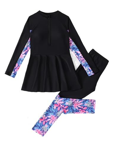 IMEKIS Muslimische Bademode Mädchen ​Islamische Burkini Langarm Rashguard Badetop mit Badehose Zweiteilig Tankinis Badeanzug Kind Bescheidene Schwimmanzug Schwarz 11-12 Jahre von IMEKIS