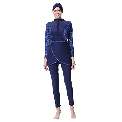 IMEKIS Muslimische Bademode für Damen Burkini Blumen Bescheidene Badeanzug Islamisches Schwimmanzug Langarm Badeoberteil mit Schwimmhose Hijab 3tlg Ganzkörper Tankini Set Dunkelblau+Blau M von IMEKIS