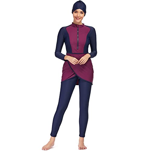 IMEKIS Muslimische Bademode für Damen Islamischer Arabischer Burkini Badeanzug Langarm Reißverschluss Schwimmoberteil mit Hose Hijab 3tlg Bescheidener Schwimmkostüm Dunkelviolett S von IMEKIS