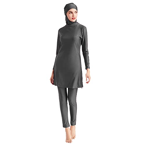 IMEKIS Muslimische Bademode für Frauen 3tlg Islamischer Arabischer Burkini Kopftuch Bescheidener Badeanzug Langarm Blumen Schwimmoberteil mit Hose Hijab Ganzkörper Schwimmanzug Dunkelgrau 2XL von IMEKIS