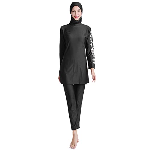 IMEKIS Muslimische Bademode für Frauen 3tlg Islamischer Arabischer Burkini Kopftuch Bescheidener Badeanzug Langarm Blumen Schwimmoberteil mit Hose Hijab Ganzkörper Schwimmanzug Schwarz 1 2XL von IMEKIS