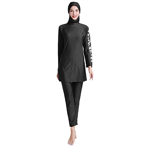 IMEKIS Muslimische Bademode für Frauen 3tlg Islamischer Arabischer Burkini Kopftuch Bescheidener Badeanzug Langarm Blumen Schwimmoberteil mit Hose Hijab Ganzkörper Schwimmanzug Schwarz 1 3XL von IMEKIS