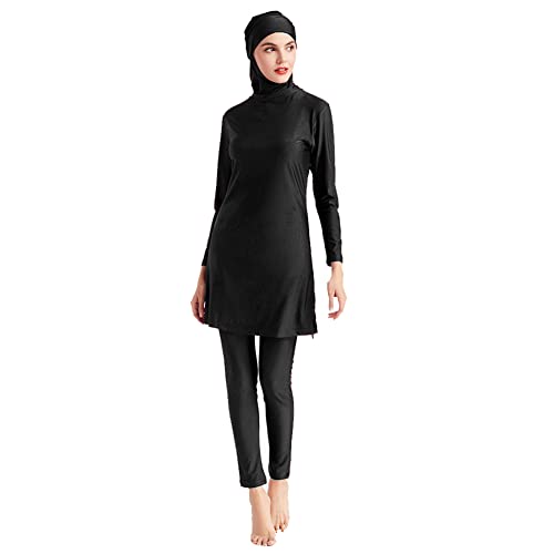 IMEKIS Muslimische Bademode für Frauen 3tlg Islamischer Arabischer Burkini Kopftuch Bescheidener Badeanzug Langarm Blumen Schwimmoberteil mit Hose Hijab Ganzkörper Schwimmanzug Schwarz 2XL von IMEKIS