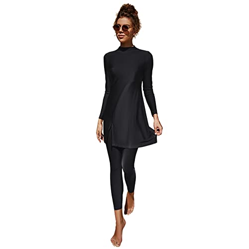 IMEKIS Muslimische Burkini Bademode für Frauen Zweiteilige Bescheidener Badeanzug Islamischer Arabischer Schwimmanzug Langarm Badeoberteil Kleid mit Hose Tankini Set Badebekleidung Schwarz 2 L von IMEKIS