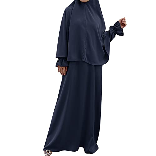 IMEKIS Muslimisches Gebetskleid für Damen Hijab Abaya Langarm Jilbabs in Voller Länge Einfarbig Lockere Passform Khimar Kaftan Arab Dubai Islam Kleid Zweiteilig Outfit Marineblau M/L von IMEKIS