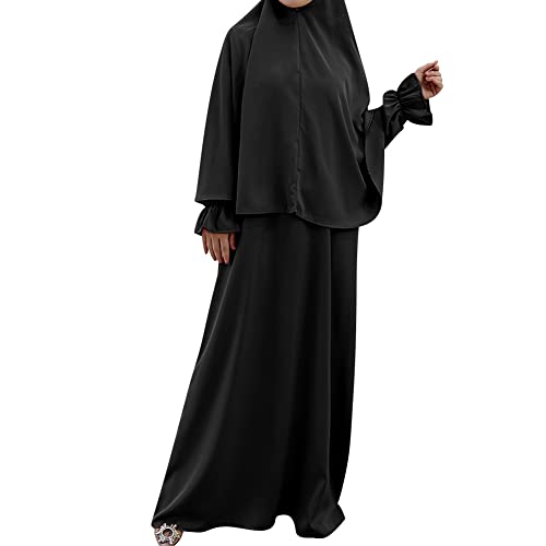 IMEKIS Muslimisches Gebetskleid für Damen Hijab Abaya Langarm Jilbabs in Voller Länge Einfarbig Lockere Passform Khimar Kaftan Arab Dubai Islam Kleid Zweiteilig Outfit Schwarz XS/S von IMEKIS