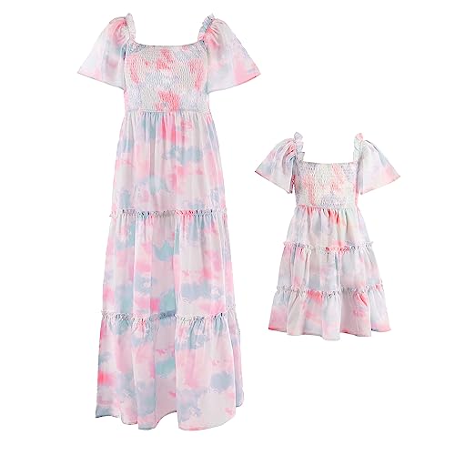 IMEKIS Mutter und Tochter Passendes Kleid Frauen Mädchen Blumendruck Sommerkleid Kurzarm Boho Strandkleid Familie Passendes Outfit Eltern Kind Lässig Langes Kleid Hellrosa S von IMEKIS