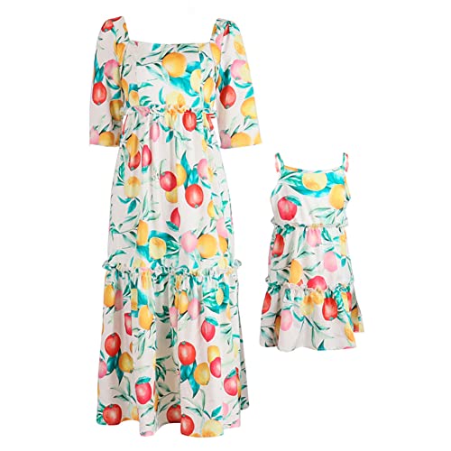 IMEKIS Mutter und Tochter Passendes Kleid Frauen Mädchen Blumendruck Sommerkleid Kurzarm Boho Strandkleid Familie Passendes Outfit Eltern Kind Lässig Langes Kleid Orange L von IMEKIS