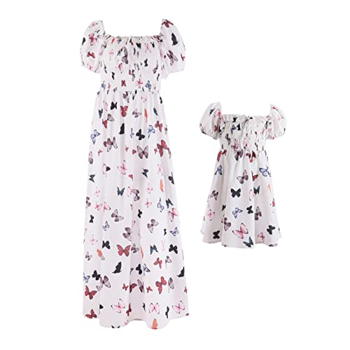 IMEKIS Mutter und Tochter Passendes Kleid Frauen Mädchen Blumendruck Sommerkleid Kurzarm Boho Strandkleid Familie Passendes Outfit Eltern Kind Lässig Langes Kleid Weiß 3-4 Jahre von IMEKIS