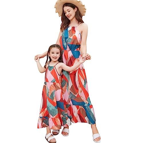 IMEKIS Mutter und Tochter Passendes Kleid Frauen Mädchen Boho Strandkleid Ärmellos Blumendruck Sommerkleid Familie Passendes Outfit Eltern Kind Freizeitkleid Bunt L von IMEKIS