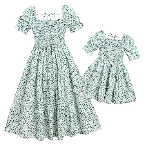 IMEKIS Mutter und Tochter Passendes Kleid Frauen M�dchen Boho Strandkleid �rmellos Blumendruck Sommerkleid Familie Passendes Outfit Eltern Kind Freizeitkleid Hellgr�n 8-9 Jahre von IMEKIS