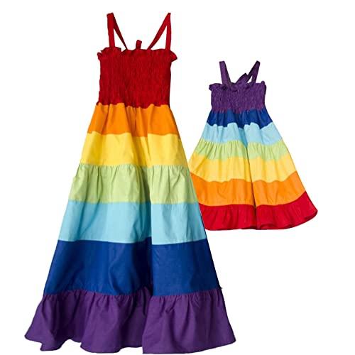 IMEKIS Mutter und Tochter Passendes Kleid Frauen Mädchen Off Shoulder Blumendruck Sommerkleid Familie Passendes Outfit Eltern Kind Lässig Langes Kleid Regenbogen 8-9 Jahre von IMEKIS