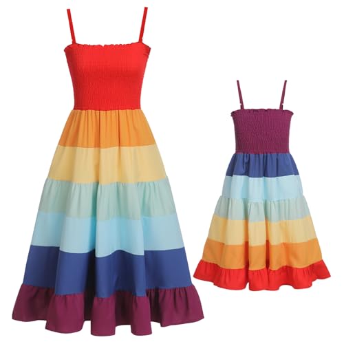 IMEKIS Mutter und Tochter Passendes Kleid Frauen Mädchen Off Shoulder Blumendruck Sommerkleid Familie Passendes Outfit Eltern Kind Lässig Langes Kleid Regenbogen M von IMEKIS