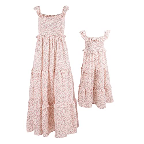 IMEKIS Mutter und Tochter Passendes Kleid Frauen Mädchen Off Shoulder Blumendruck Sommerkleid Familie Passendes Outfit Eltern Kind Lässig Langes Kleid Rosa 6-7 Jahre von IMEKIS