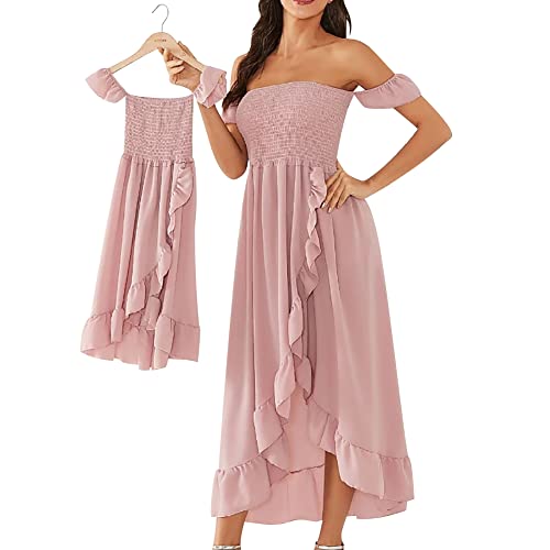 IMEKIS Mutter und Tochter Passendes Kleid Frauen Off Shoulder Sommerkleid Mädchen Blumendruck Partykleid Familie Passendes Outfit Eltern Kind Lässig Langes Kleid Altrosa S von IMEKIS