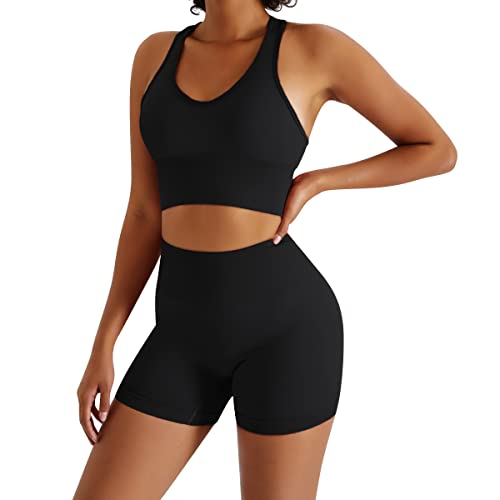 IMEKIS Nahtloses Zweiteiliges Gym Set für Damen Hohe Taille Workout Trainingsanzug Gepolsterter Sport-BH mit Yoga-Shorts Geripptes Sportbekleidung Lässige Fitness Activewear Schwarz 1 M von IMEKIS