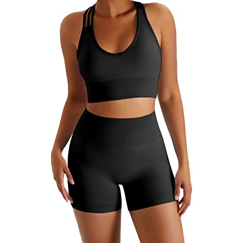 IMEKIS Nahtloses Zweiteiliges Gym Set für Damen Hohe Taille Workout Trainingsanzug Gepolsterter Sport-BH mit Yoga-Shorts Geripptes Sportbekleidung Lässige Fitness Activewear Schwarz 2 S von IMEKIS