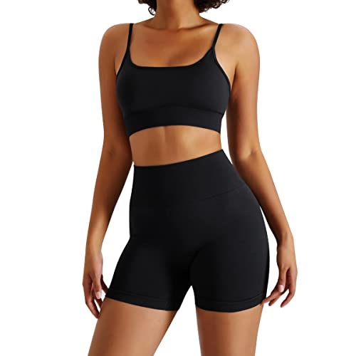 IMEKIS Nahtloses Zweiteiliges Gym Set für Damen Hohe Taille Workout Trainingsanzug Gepolsterter Sport-BH mit Yoga-Shorts Geripptes Sportbekleidung Lässige Fitness Activewear Schwarz M von IMEKIS