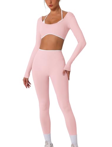 IMEKIS Sport Out Damen Yoga Set Langarm Neckholder Rückenfrei Gym Crop Top und Leggings Zweiteiler Fitness Activewear Workout Bekleidung Rosa M von IMEKIS