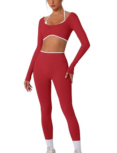 IMEKIS Sport Out Damen Yoga Set Langarm Neckholder Rückenfrei Gym Crop Top und Leggings Zweiteiler Fitness Activewear Workout Bekleidung Rot L von IMEKIS