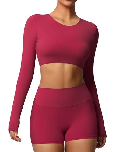 IMEKIS Sport Outfit Damen Fitness Set Langarm Yoga BH mit High Waist Shorts Zweiteiler Yoga Bekleidung Jogginganzug Kurz Sportanzug Gym Trainingsanzüge Dunkelrot S von IMEKIS