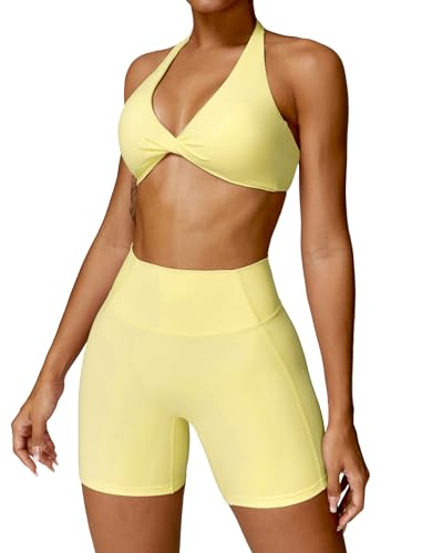 IMEKIS Sport Set Damen Twist Vorne Neckholder Sportbh und Hohe Taille Shorts Zweiteiler Gym Yoga Outfit Kurz Sommer Sportanzug Workout Fitness Bekleidung Gelb M von IMEKIS