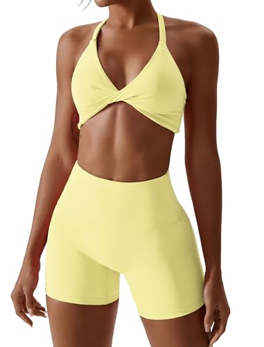 IMEKIS Sport Set Damen Zweiteiler Gym Fitness Yoga Bekleidung Twist Vorne Rückenfreier Sport BH und Hohe Taille Leggins Kurz Trainingsanzug Workout Outfit Gelb L von IMEKIS