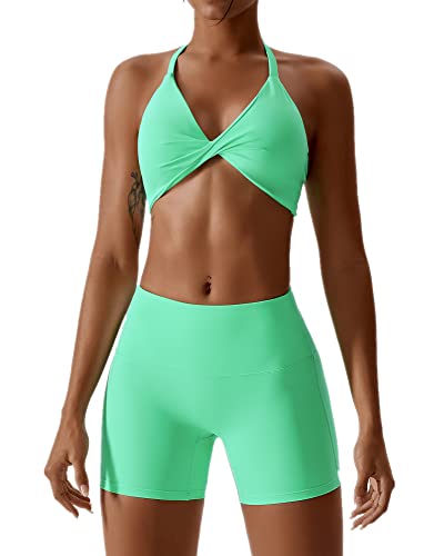 IMEKIS Sport Set Damen Zweiteiler Gym Fitness Yoga Bekleidung Twist Vorne Rückenfreier Sport BH und Hohe Taille Leggins Kurz Trainingsanzug Workout Outfit Grün S IMEKIS Sport Set Damen Zweiteiler Gym Fitness Yoga Bekleidung Twist Vorne Rückenfreier Sport BH und Hohe Taille Leggins Kurz Trainingsanzug Workout Outfit Grün S von IMEKIS