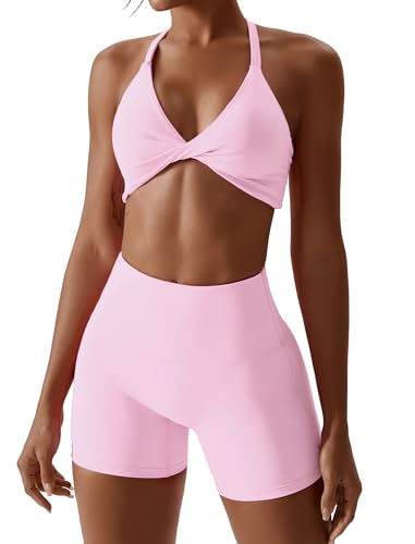 IMEKIS Sport Set Damen Zweiteiler Gym Fitness Yoga Bekleidung Twist Vorne Rückenfreier Sport BH und Hohe Taille Leggins Kurz Trainingsanzug Workout Outfit Rosa S von IMEKIS