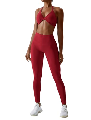 IMEKIS Sport Set Damen Zweiteiler Gym Fitness Yoga Bekleidung Twist Vorne Rückenfreier Sport BH und Hohe Taille Leggins Kurz Trainingsanzug Workout Outfit Rot-Lang M von IMEKIS