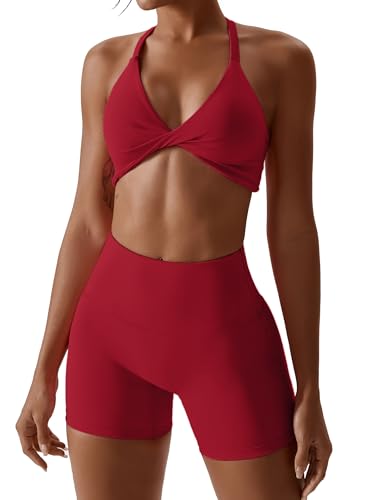 IMEKIS Sport Set Damen Zweiteiler Gym Fitness Yoga Bekleidung Twist Vorne Rückenfreier Sport BH und Hohe Taille Leggins Kurz Trainingsanzug Workout Outfit Rot XL von IMEKIS