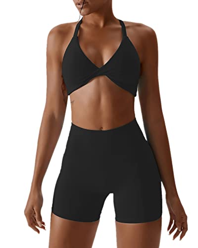 IMEKIS Sport Set Damen Zweiteiler Gym Fitness Yoga Bekleidung Twist Vorne Rückenfreier Sport BH und Hohe Taille Leggins Kurz Trainingsanzug Workout Outfit Schwarz S von IMEKIS