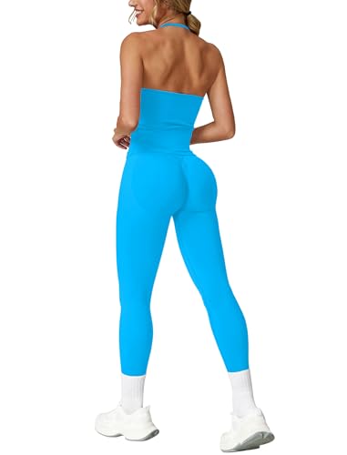 IMEKIS Sport Set Damen Zweiteiler Gym Outfit Neckholder V-Ausschnitt Sportbh + Hohe Taille Yogahose Sportanzug Fitness Workout Sportbekleidung Blau XS von IMEKIS