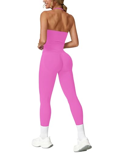 IMEKIS Sport Set Damen Zweiteiler Gym Outfit Neckholder V-Ausschnitt Sportbh + Hohe Taille Yogahose Sportanzug Fitness Workout Sportbekleidung Heiß Rosa XS von IMEKIS