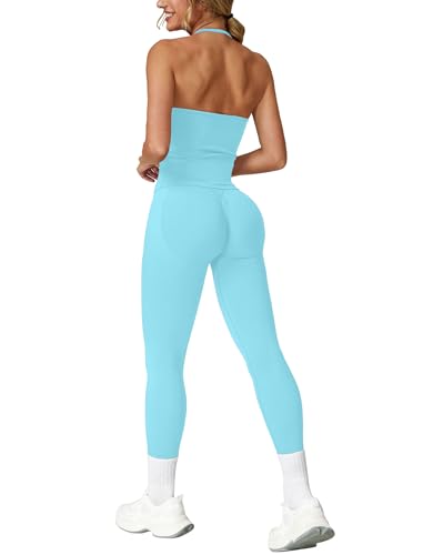 IMEKIS Sport Set Damen Zweiteiler Gym Outfit Neckholder V-Ausschnitt Sportbh + Hohe Taille Yogahose Sportanzug Fitness Workout Sportbekleidung Hellblau XS von IMEKIS